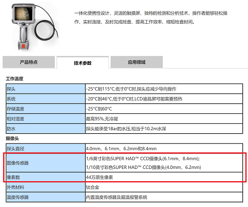 韋林工業(yè)視頻內窺鏡成像參數(shù)